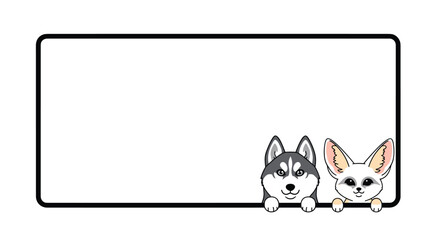 Cute Husky and Fennec Fox Pups Peeking Over a Blank Rectangle Frame