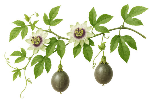 Passion fruit vine displaying delicate blossoms, verdant foliage against clean white backdrop, revealing intricate botanical characteristics