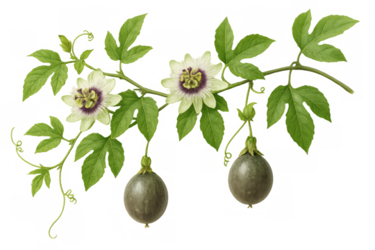 Passion fruit vine displaying delicate blossoms, verdant foliage against clean white backdrop, revealing intricate botanical characteristics