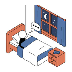 Insomnia Stick Figure Illustration of Person Thinking in Bed at Night