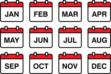 Calendar mounts vector icon set. Isolated flat schedule symbols on white background. Weekly planner, business timetable, monthly reminder, date organizer icon collection