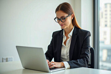 Young businesswoman smiling while working on her laptop at the office desk