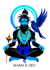 Blue skinned deity meditating with bird and sacred staff