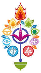 Abstract colorful floral and eye symbols arranged in a tree like structure