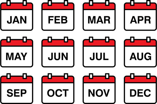 Calendar mounts vector icon set. Isolated flat schedule symbols on white background. Weekly planner, business timetable, monthly reminder, date organizer icon collection