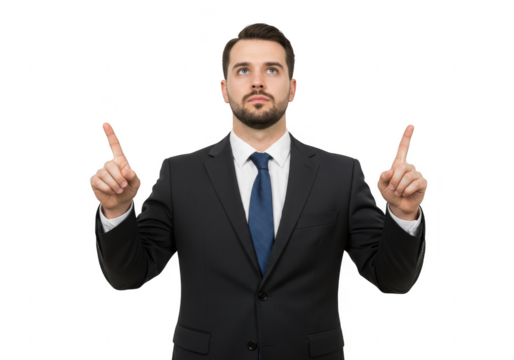 Businessman Pointing Upward with Both Hands on Transparent Background