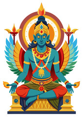 Serene blue deity with wings and ornate headdress meditating on a golden throne