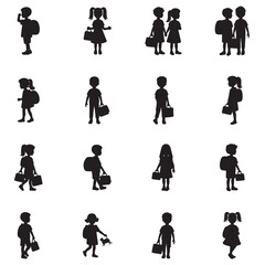 Children with backpacks and briefcases silhouettes