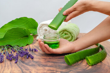 Aloe vera, towel, hands, lavender. DIY recipe for acne and dry skin. Aloe vera gel for skin problem.