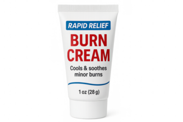 White tube of rapid relief burn cream on transparent background