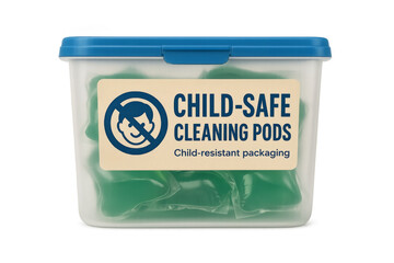 Child-safe cleaning pods container with child-resistant packaging on transparent background