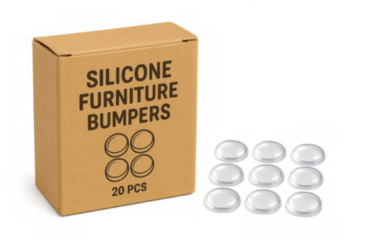 Silicone furniture bumpers with cardboard box on transparent background