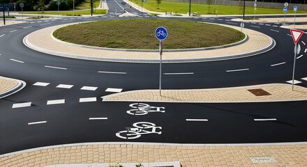 Aerial View of a Modern Roundabout with Bicycle Lanes and Clear Signage for Safe Traffic Management