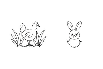 Chicken and bunny in grass rabbit nature
