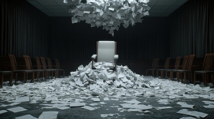 Chaotic stock exchange floor filled with paper debris