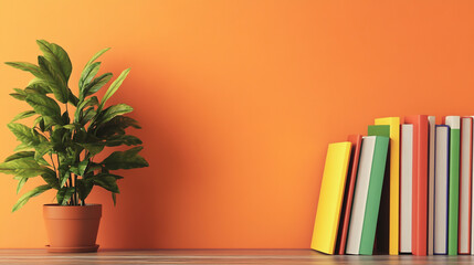 Colored pencils in a vase on a wooden table in an indoor home office setting with plant decoration