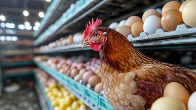 Chicken and fresh eggs in rows at poultry farm, food production