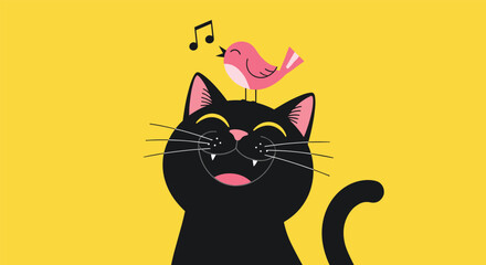 A Cheerful Black Cat Listens to a Sweet Bird Song on a Bright Yellow Background
