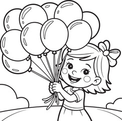 Cheerful child holding balloons with a bow girl happy