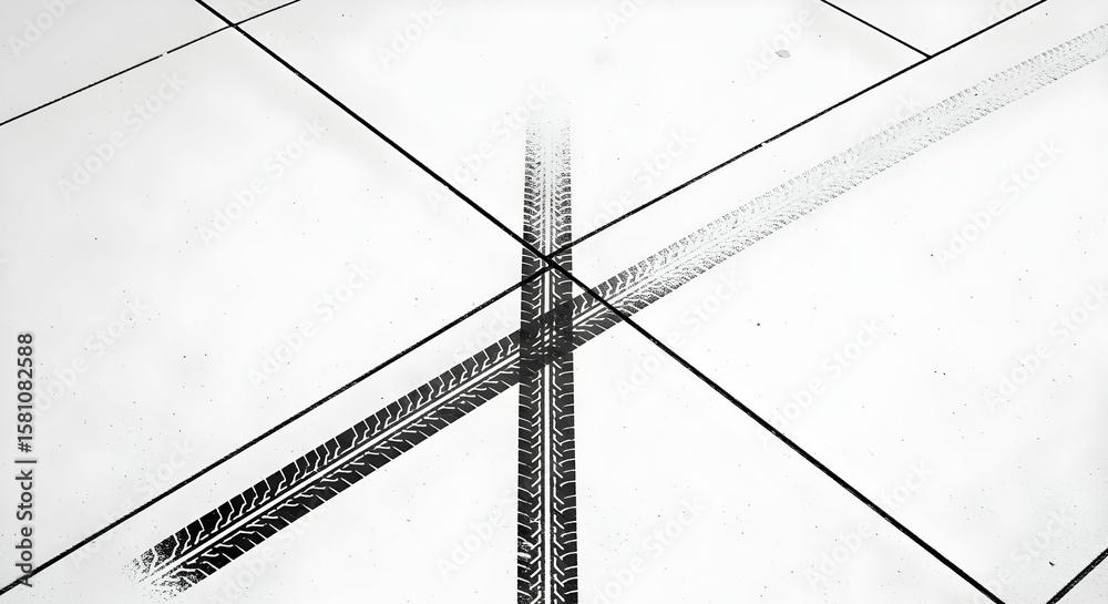Poster Abstract monochrome top-down view of tire tracks on a white tiled surface creating dynamic patterns