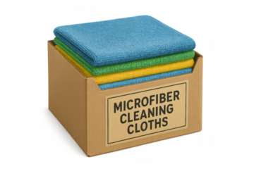 Cardboard box containing microfiber cleaning cloths on transparent background