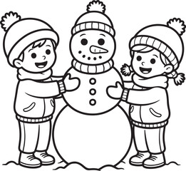 Children building snowman together girl winter