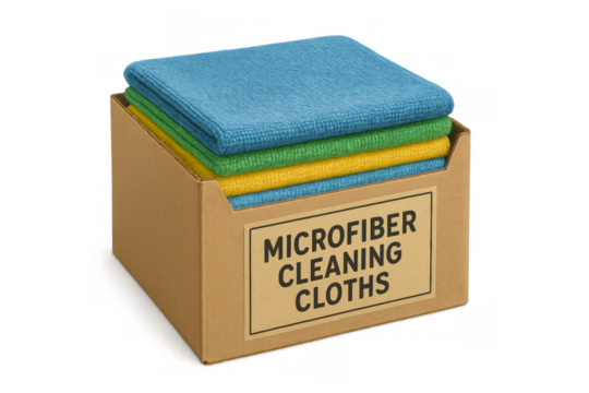 Cardboard box containing microfiber cleaning cloths on transparent background