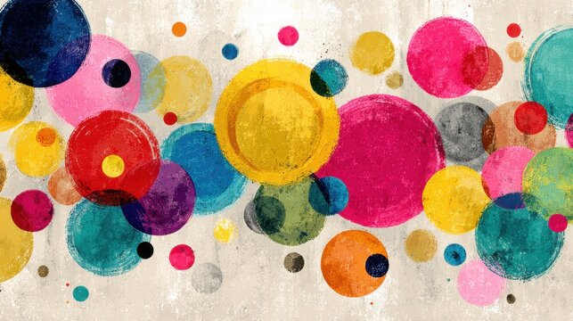 Brightly colored circles in hues of blue, red, yellow, pink, and green create a lively abstract design. The artwork displays a dynamic arrangement on a textured, neutral backdrop.