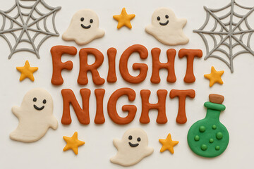 Fototapeta premium Fright Night Text with Ghosts and Stars in Clay Style 