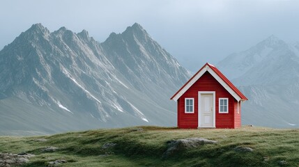 Fototapeta premium Red house stands in isolation against a dramatic Norwegian mountain backdrop under overcast skies, showcasing nature's serene beauty with vivid color tones