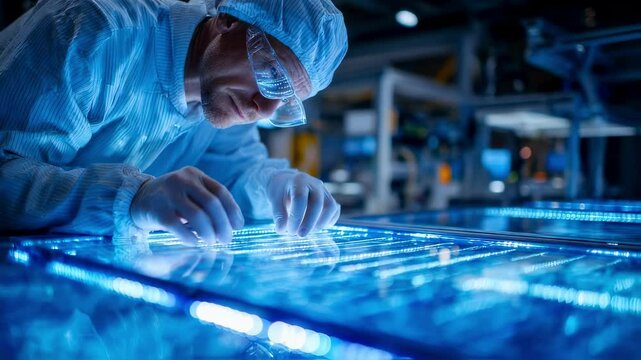Electronics engineer working with innovative touchscreen technology, developing futuristic interfaces in a modern research facility, focusing on cutting edge interactive displays
