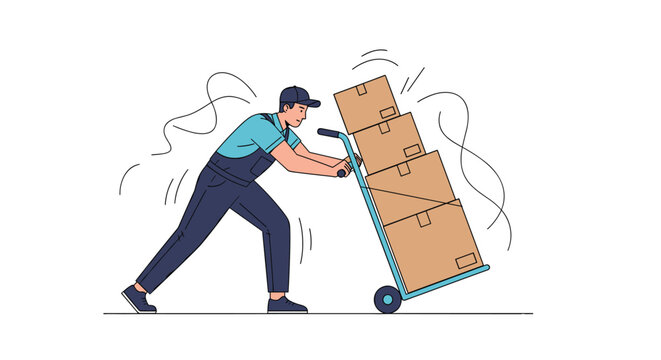 Professional Movers Transporting Stacked Boxes with Hand Truck for Efficient Delivery Services