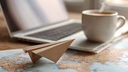 A paper airplane sits on a world map next to a laptop and coffee