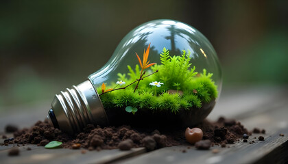 Miniature ecosystem thriving inside a glass lightbulb, nestled in soil.