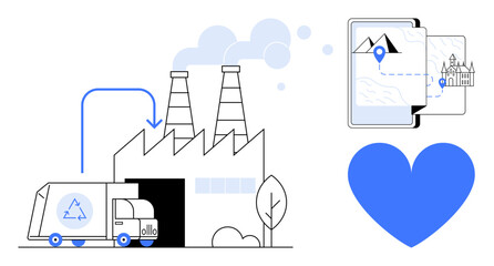 Truck delivering materials to factory with recycling sign, map on digital screen, blue heart symbolizing sustainability. Ideal for recycling initiatives, sustainability, transportation, supply chain