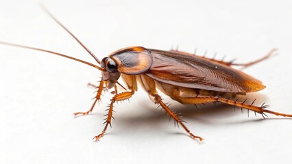 A top-down, slightly angled shot of a common brown cockroach on a clean white surface, showcasing its distinct antennae, segmented body, and visible legs.

