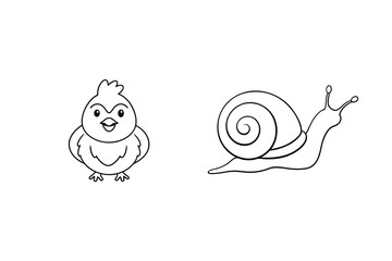 Cute chick and snail cartoon drawing outline