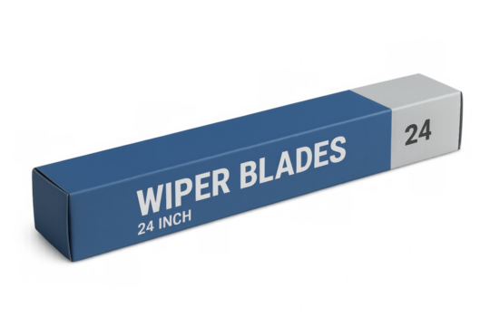 Blue and white box containing 24 inch wiper blades on transparent background