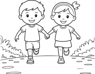 Happy children running together outdoors girl holding