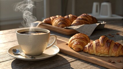 Steaming Hot Coffee and Croissants – Hyper-Realistic 4K Digital Art V3