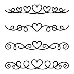 Filigree curly Calligraphic Heart, Fancy Line Flourishes Swirls hearts, curve romantic love separator, Valentines Day divider flourish Swirl, Calligraphy Flourish lettering header hearts scroll