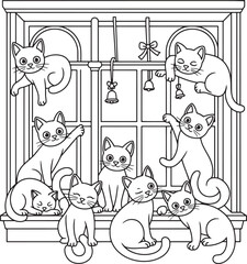 Fototapeta premium Many playful cats resting and playing on a windowsill kittens