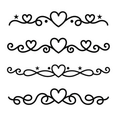 Obraz premium Filigree curly Calligraphic Heart, Fancy Line Flourishes Swirls hearts, curve romantic love separator, Valentines Day divider flourish Swirl, Calligraphy Flourish lettering header hearts scroll