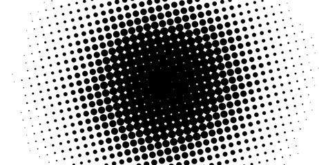 A high-contrast halftone pattern features a radial gradient of dense black dots gradually transitioning into a sparse array on a crisp white background offering dynamic visual texture