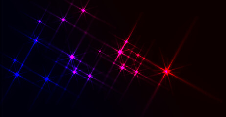 Sparkling, geometric grid in shades of deep blue, magenta, and radiant red emits a luminous glow against a dark backdrop, casting intricate linear light patterns