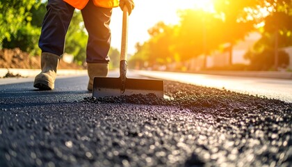 Worker spreading asphalt