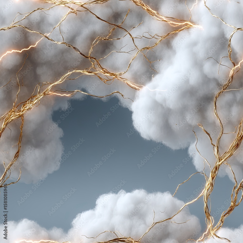 Poster fluffy white clouds float on a dark backdrop, creatively interlinked with shimmering golden lines fo