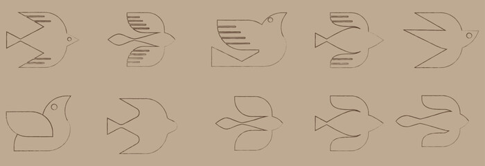 Mid-century Retro Bird Icons set Hand drawn effect
