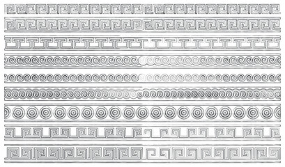 Greek ornament. Vector set of 9 Greek style geometric seamless frames isolated on white background Hand drawn effect