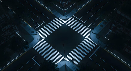 Aerial view of a pedestrian crossing at night offering a unique urban perspective